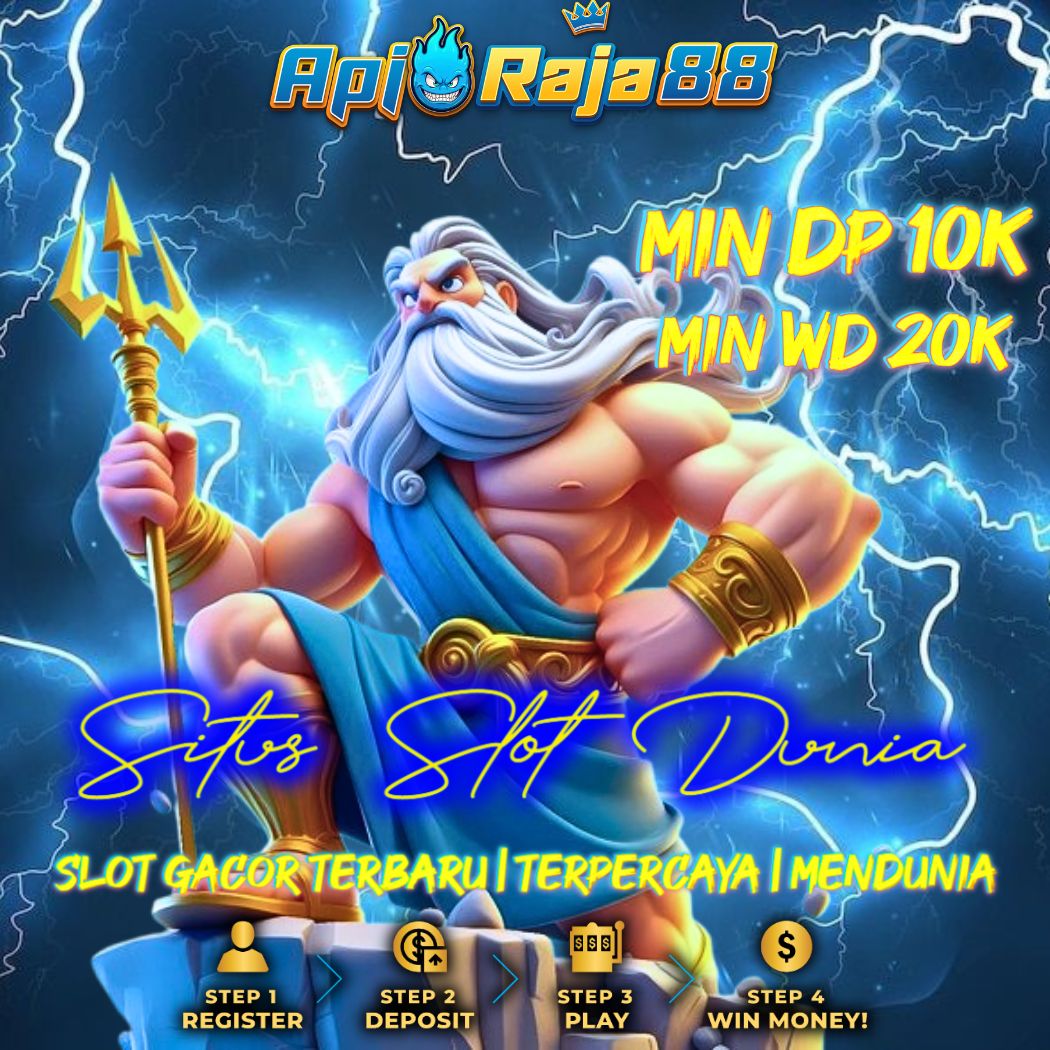 Banner promosi APIRAJA88 menampilkan dewa Zeus memegang trisula, dengan tulisan situs slot dunia, sl